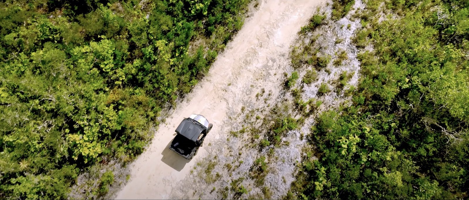 Buggy vu du ciel traversant la végétation de La Désirade