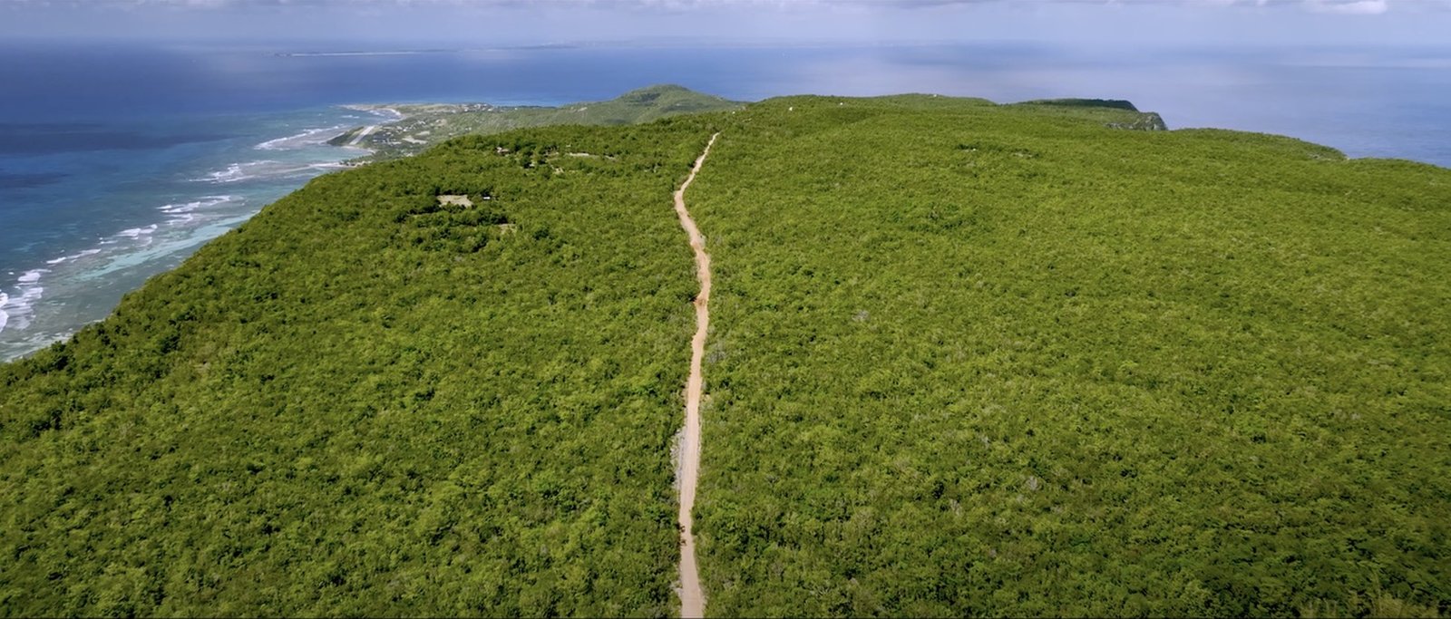 Chemin à travers le plateau de La Désirade, vue aérienne